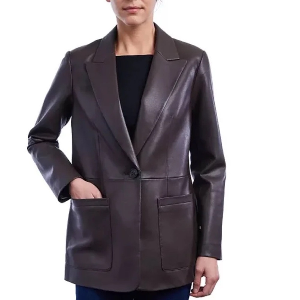 BCBG   chocolate Brown Faux Leather Blazer